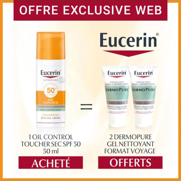 EUCERIN SUN PROTECTION OIL CONTROL GEL-CRÈME SPF50+ 50 ML + 2 DERMOPURE gel nettoyant triple action format voyage Offert