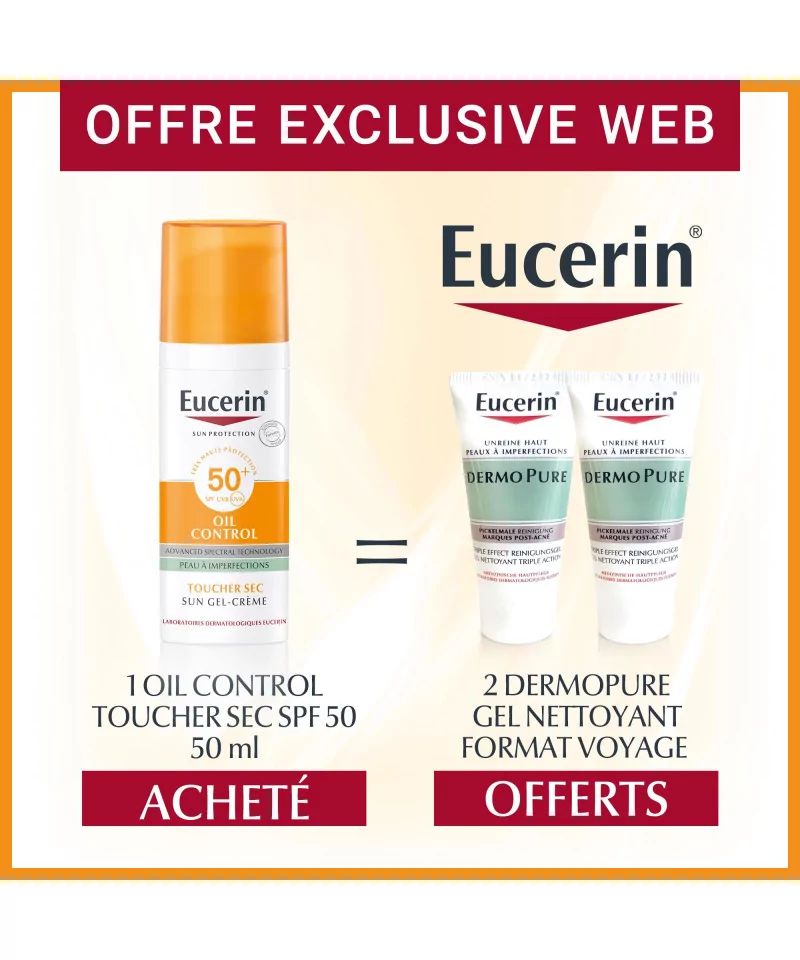 eucerin-sun-protection-gel-creme-oil-control-toucher-sec-spf-50-50ml-2-dermopure-gel-nettoyant-format-voyage EUCERIN SUN PROTECTION OIL CONTROL GEL-CRÈME SPF50+ 50 ML + 2 DERMOPURE gel nettoyant triple action format voyage Offert – Image 1