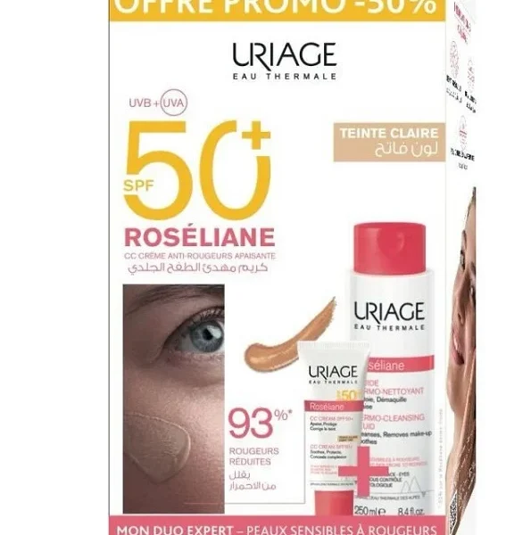 Uriage Roséliane Coffret CC Crème SPF 50+ + Dermo-Nettoyant 250 ml – Peaux sensibles & rougeurs